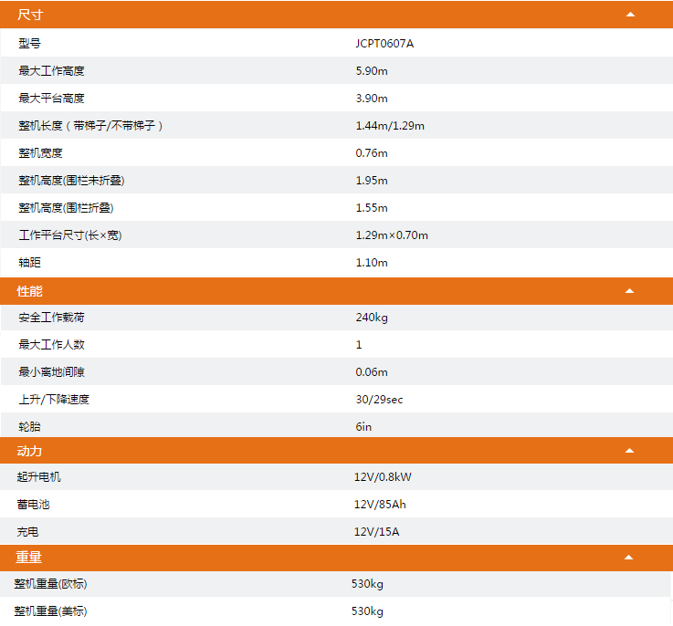 移动剪叉式高空作业平台JCPT0607A技术参数